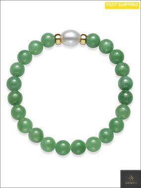 Natural Jade Stretch Bracelet with 14k Yellow Gold Rondelle and Freshwater